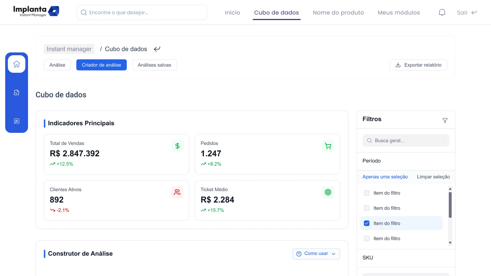 Cubo de dados do Instant Manager