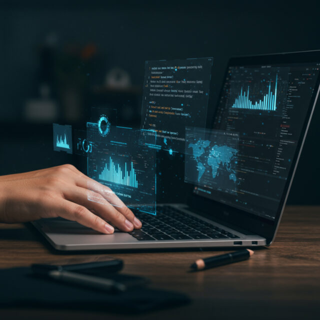 Interface digital com dashboards e gráficos sendo analisados em um notebook, representando o uso de dados em tempo real para garantir o equilíbrio de estoque e decisões mais precisas na indústria.